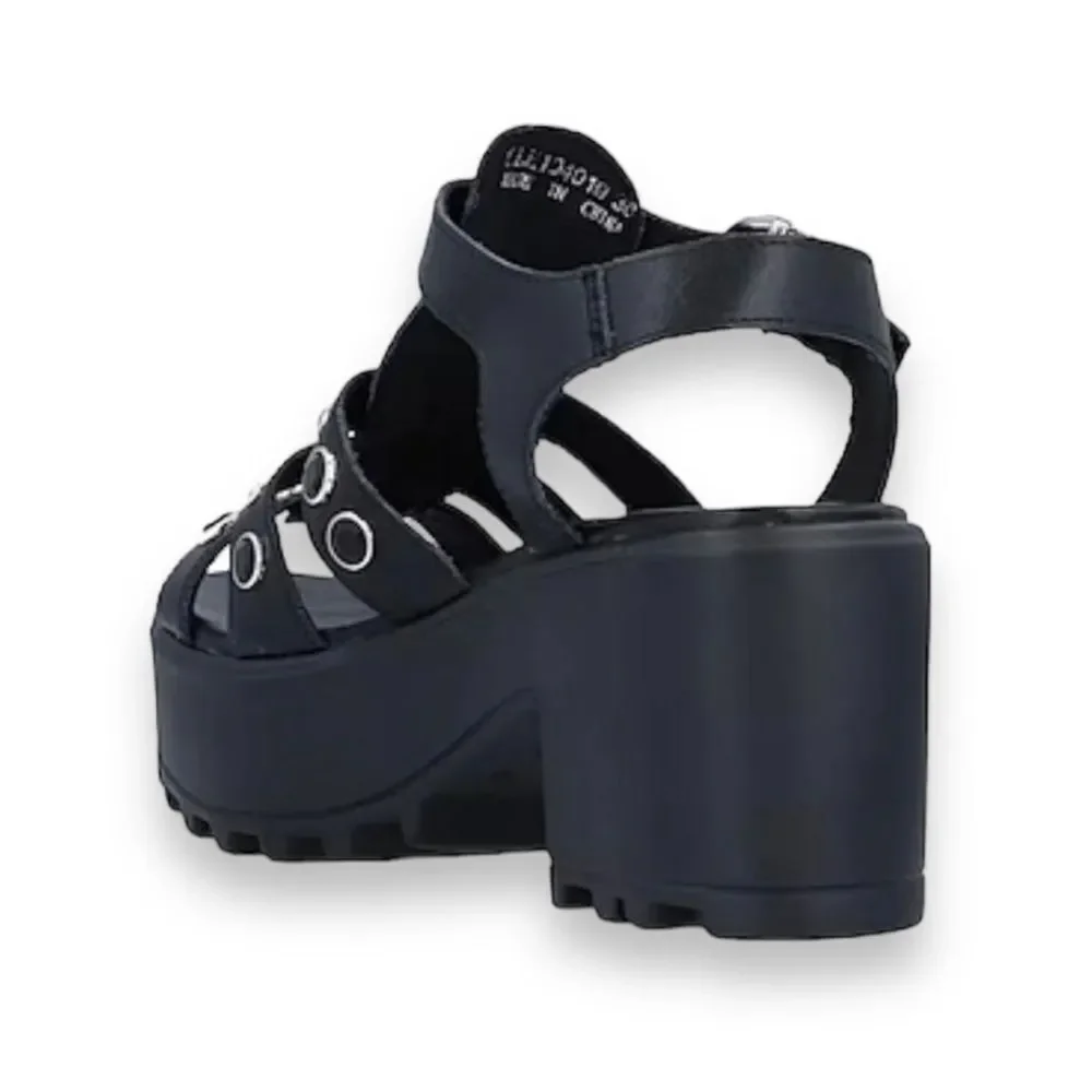 Black Leather Multi Straps Open Toe Black Crystals Platform Heel Sandals NEW
